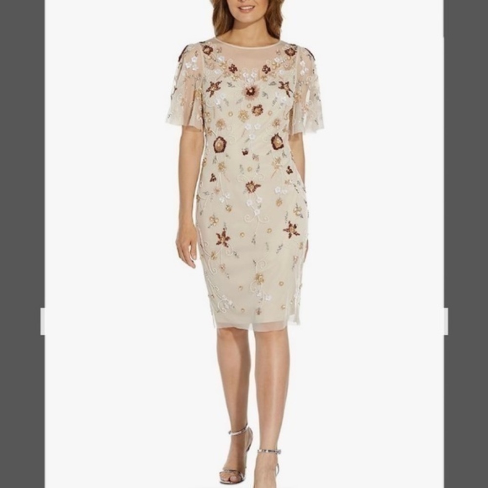 Adrianna Papell Beaded Illusion Flutter Sleeve Sheath Dress in Alabaster Size 4 - Picture 1 of 6